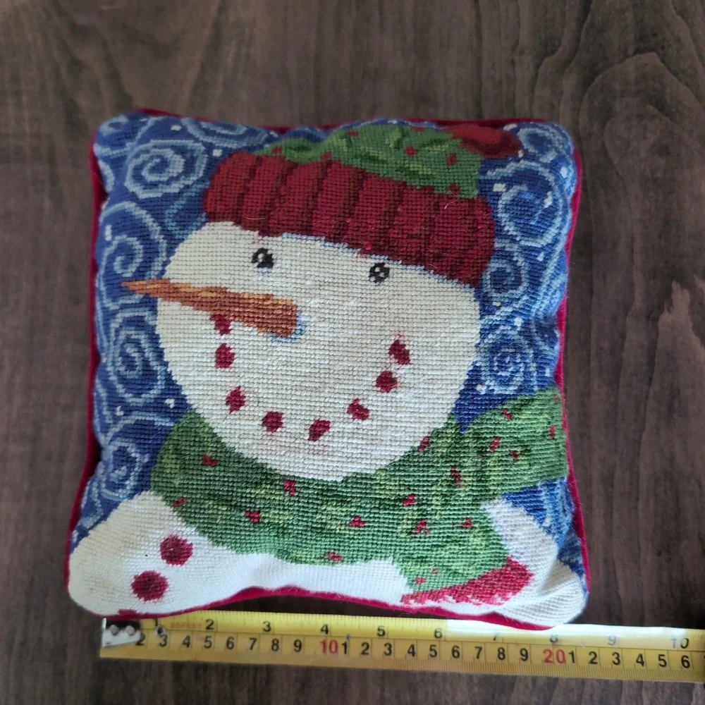 Vintage Needlepoint Snowman Decorative Throw Pillow 8x8 Blue Red Velvet Back